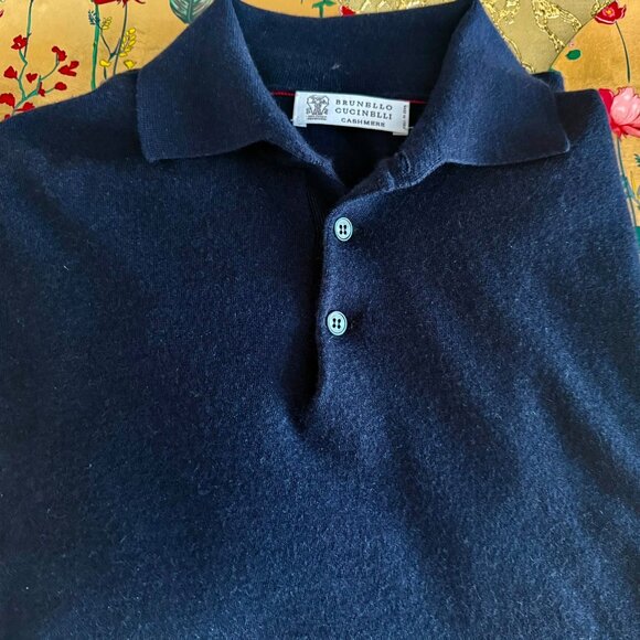 Brunello Cucinelli Mens Virgin Wool/Cashmere Knit Polo Navy Size 48 EU, 1350$RT - Picture 1 of 15